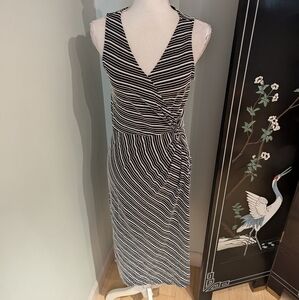 Loft Women's Medium Petite Stripe Knotted Crossover Midi Dress Black White